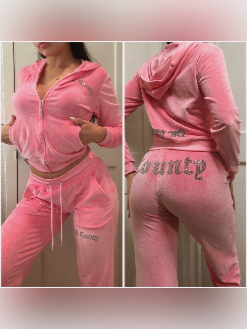 Y2K Pink FB County velour two-piece tracksuit | Silver bedazzled lettering